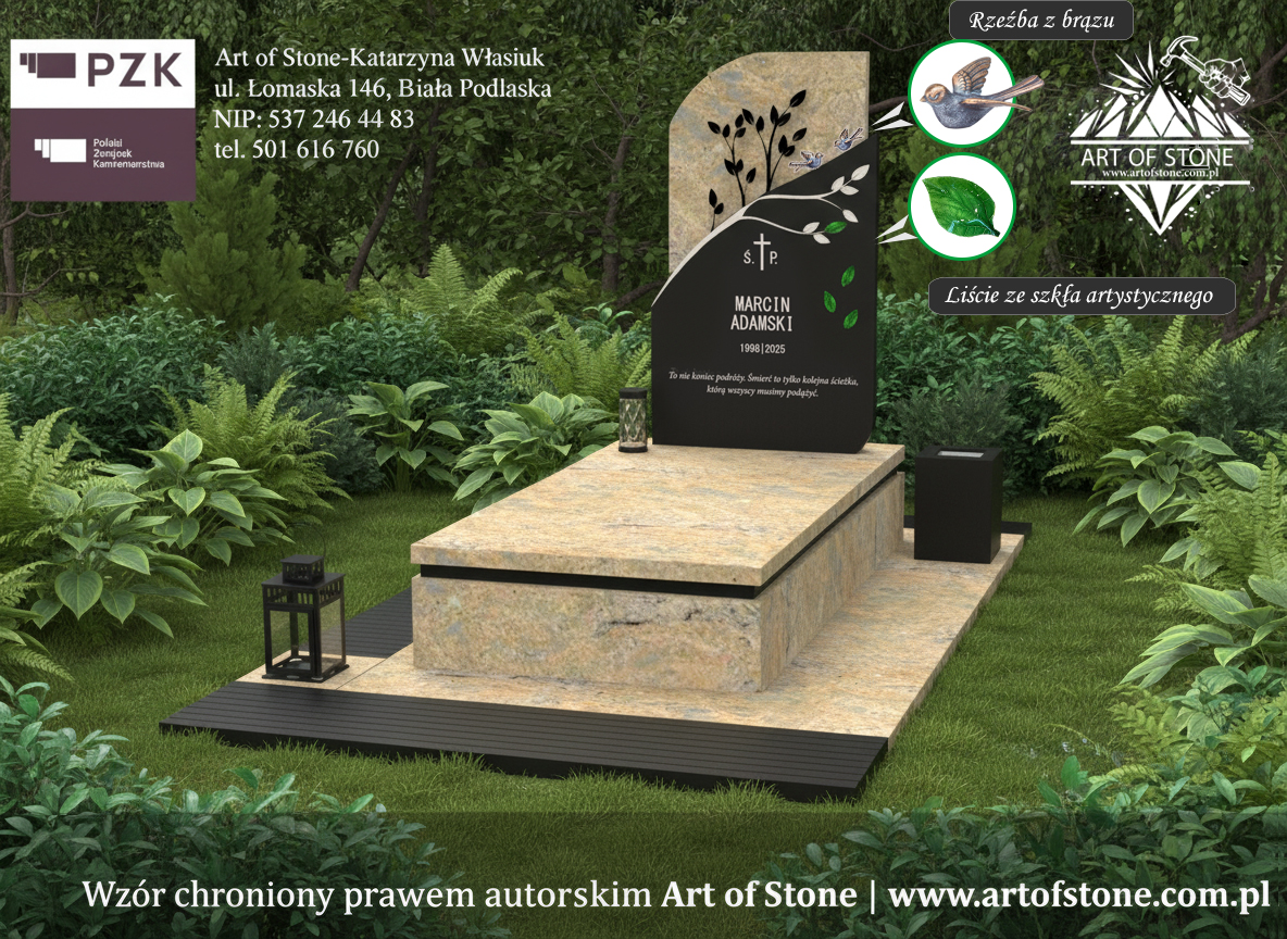 nagrobek z motywem liści