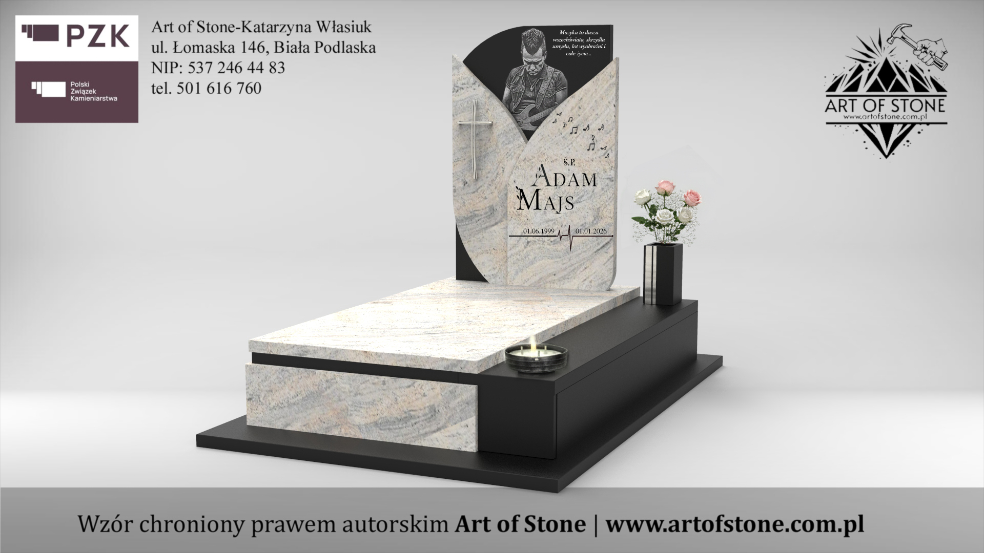 nagrobek dla muzyka z grawerem i nutami